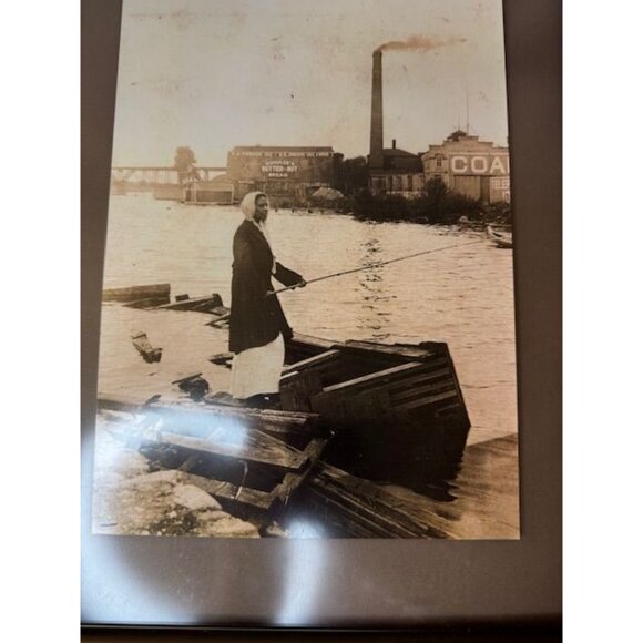 Vintage Sepia-Toned Framed Photograph Of Woman Fishing At Fox River - Picture 2 of 9